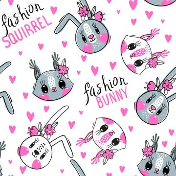Seamless pattern with faces of bunny and squirrel. Fashion girls. Kawaii animal Stock Illustration