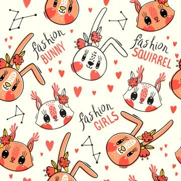 Seamless pattern with faces of bunny and squirrel. Fashion girls. Kawaii animal Stock Illustration