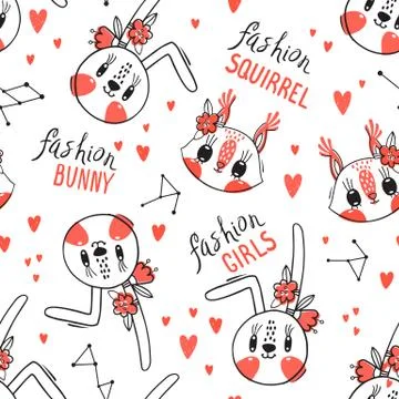 Seamless pattern with faces of bunny and squirrel. Fashion girls. Kawaii animal Stock Illustration