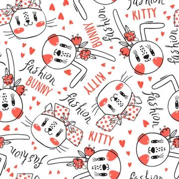 Seamless pattern with faces of cats and rabbits in hairpins bows. Fashion kawaii Stock Illustration
