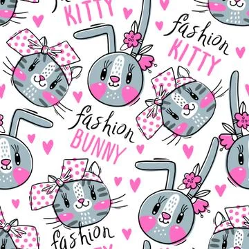 Seamless pattern with faces of cats and rabbits in hairpins bows. Fashion kawaii Stock Illustration