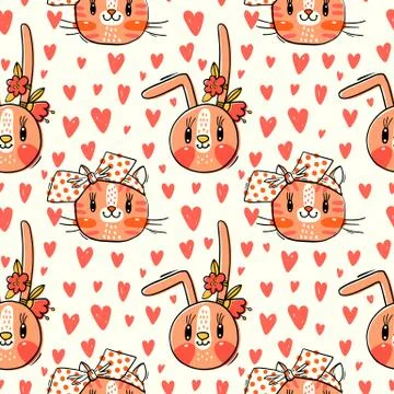 Seamless pattern with faces of cats and rabbits in hairpins bows. Fashion kawaii Stock Illustration