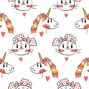 Seamless pattern with faces of cats and rainbow unicorn. Fashion kawaii animal Stock Illustration
