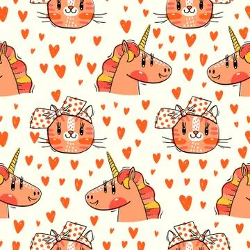 Seamless pattern with faces of cats and rainbow unicorn. Fashion kawaii animal Stock Illustration