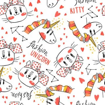 Seamless pattern with faces of cats and rainbow unicorn. Fashion kawaii animal Stock Illustration