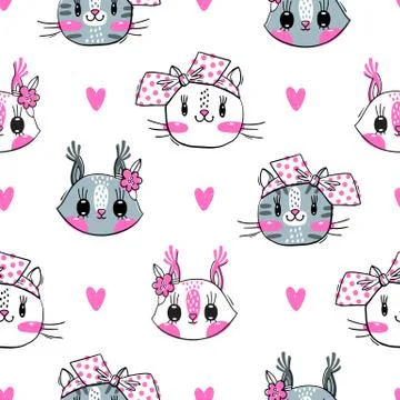 Seamless pattern with faces of cats and squirrel. Fashion girls. Kawaii animal Stock Illustration