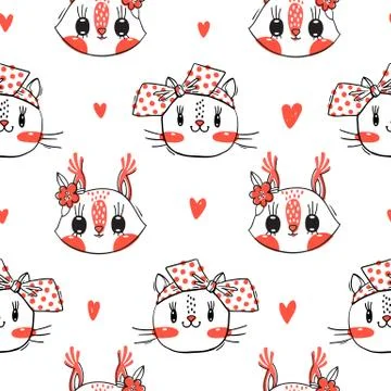 Seamless pattern with faces of cats and squirrel. Fashion girls. Kawaii animal Stock Illustration