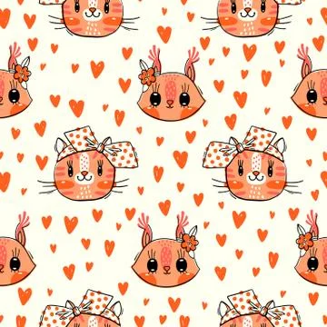 Seamless pattern with faces of cats and squirrel. Fashion girls. Kawaii animal Stock Illustration