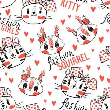 Seamless pattern with faces of cats and squirrel. Fashion girls. Kawaii animal Stock Illustration