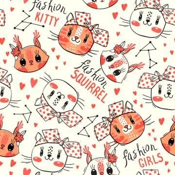 Seamless pattern with faces of cats and squirrel. Fashion girls. Kawaii animal Stock Illustration