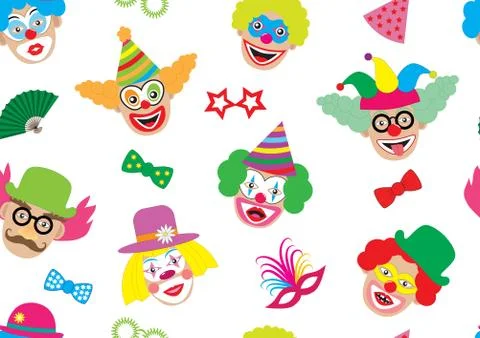 Seamless pattern. Faces of clowns and accessories (glasses, mask, bow tie) Stock Illustration