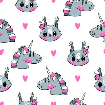 Seamless pattern with faces of squirrel and rainbow unicorn. Fashion kawaii Stock Illustration