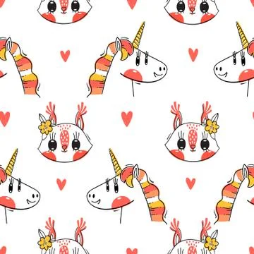 Seamless pattern with faces of squirrel and rainbow unicorn. Fashion kawaii Stock Illustration