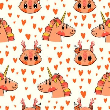 Seamless pattern with faces of squirrel and rainbow unicorn. Fashion kawaii Stock Illustration