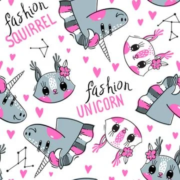 Seamless pattern with faces of squirrel and rainbow unicorn. Fashion kawaii Stock Illustration