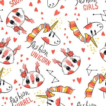 Seamless pattern with faces of squirrel and rainbow unicorn. Fashion kawaii Illustrazione stock