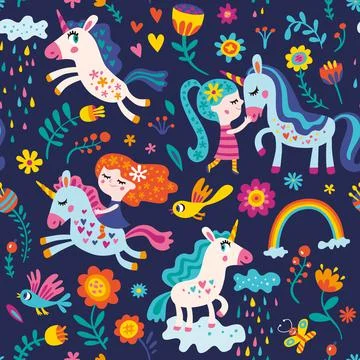 Seamless pattern with fairies and unicorns  for girl. Vector isolated illustrati Stock Illustration