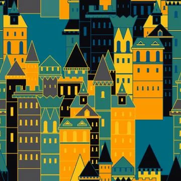 Seamless pattern with fairy medieval castles Stock Illustration
