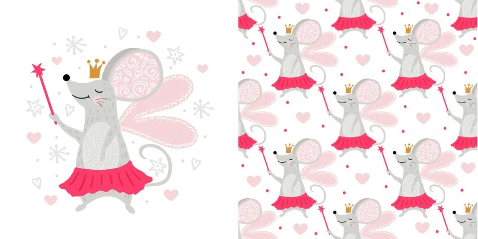 Seamless pattern Fairy mouse with magic wand. Cool animal illustration for nu Stock Illustration