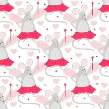 Seamless pattern Fairy mouse with magic wand. Cool animal illustration for nu Stock Illustration