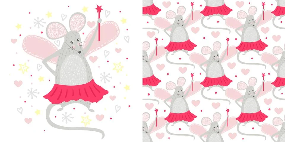 Seamless pattern Fairy mouse with magic wand. Cool animal illustration for nu Stock Illustration