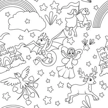 Seamless pattern. Fairy tale characters and natural phenomena. Bed linen and Stock Illustration
