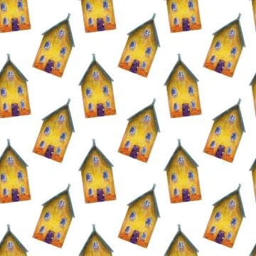 Seamless pattern of fairytale colored yellow house Ilustración de archivo