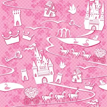 Seamless pattern with fairytale land - castles, lakes, roads, mills,carriages Stock Illustration