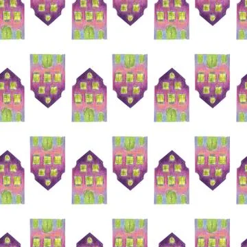 Seamless pattern of fairytale multi-colored houses Stock Illustration