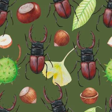 Seamless pattern with fall autumn elements, hazelnuts and chestnuts and stag 스톡 일러스트