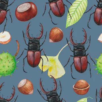 Seamless pattern with fall autumn elements, hazelnuts and chestnuts and stag 스톡 일러스트