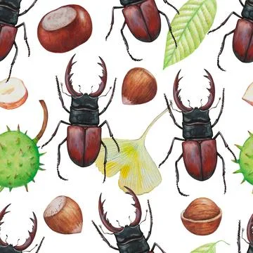 Seamless pattern with fall autumn elements, hazelnuts and chestnuts and stag 스톡 일러스트