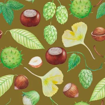 Seamless pattern with fall autumn elements, hazelnuts and chestnuts. Watercolor Stockillustratie