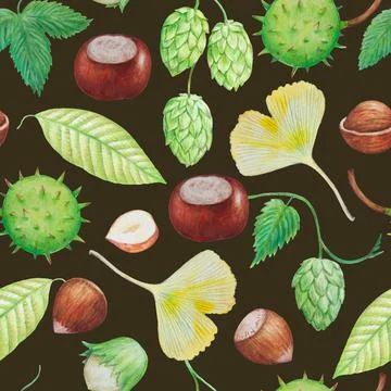 Seamless pattern with fall autumn elements, hazelnuts and chestnuts. Watercolor 스톡 일러스트