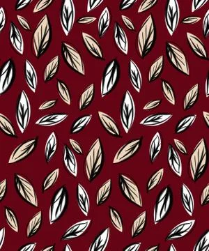 Seamless pattern of fall, autumn leaves. Hand drawn leaf on dark red background. Stock Illustration