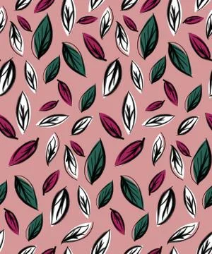 Seamless pattern of fall, autumn leaves. Hand drawn leaf on dark pink background 스톡 일러스트
