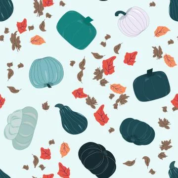 Seamless pattern with fall harvest blue pumpkins and autumn leaves Stock Illustration