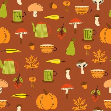 Seamless pattern for fall season. Autumn cozy set with tea cups, leaves and.. Stock Illustration