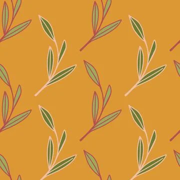 Seamless pattern fall season outline green contour foliage shapes. Orange bac Stock Illustration
