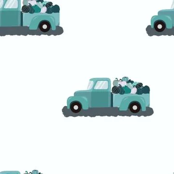 Seamless pattern fall teal truck loaded with harvest blue green pumpkins Stock Illustration