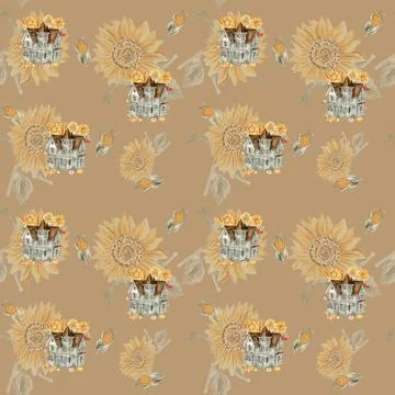 Seamless pattern for fall. Watercolor hand drawn autumn leaves and elements.. 스톡 일러스트