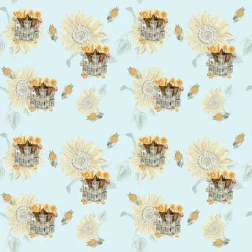 Seamless pattern for fall. Watercolor hand drawn autumn leaves and elements f 스톡 일러스트