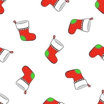 Seamless pattern with falling Christmas red socks for gifts with contour Stock Illustration