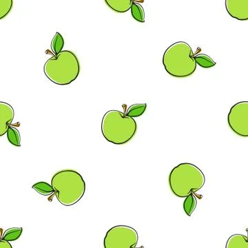 Seamless pattern with falling green apples with contour Stock Illustration