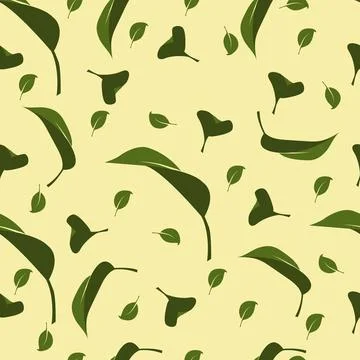 A seamless pattern with falling green leaves on a yellow background Illustrazione stock