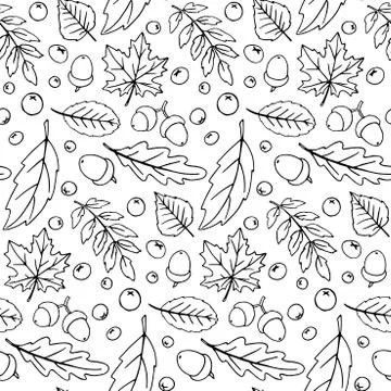 Seamless pattern falling leaves, acorns, berries. Vector autumn texture isola Stock Illustration