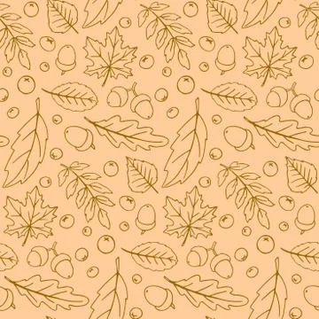 Seamless pattern falling leaves, acorns, berries. Vector autumn texture isola Stock Illustration