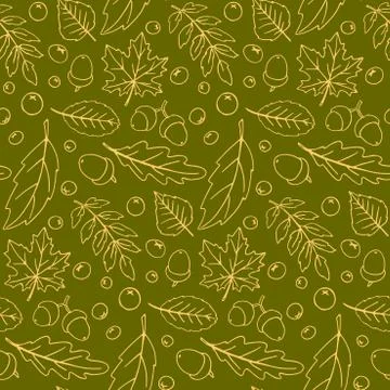 Seamless pattern falling leaves, acorns, berries. Vector autumn texture in sk Stock Illustration