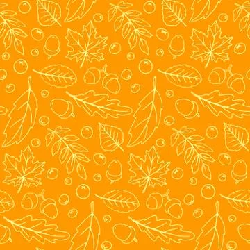 Seamless pattern falling leaves, acorns, berries. Vector autumn texture isola Stock Illustration