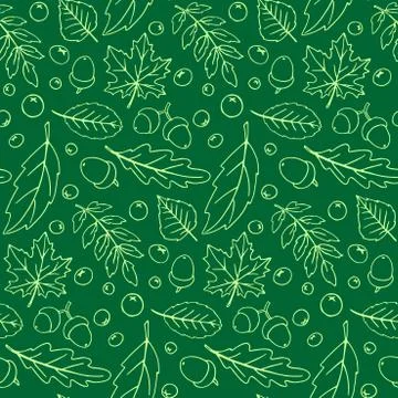 Seamless pattern falling leaves, acorns, berries. Vector autumn texture isola Stock Illustration